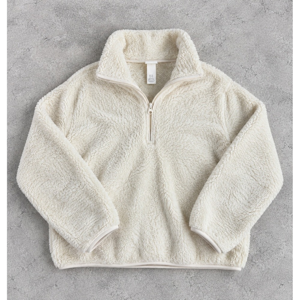 H&M Ivory Teddy Fleece Quarter Zip Pullover Sherpa Sweatshirt Cozy Loungewear XS